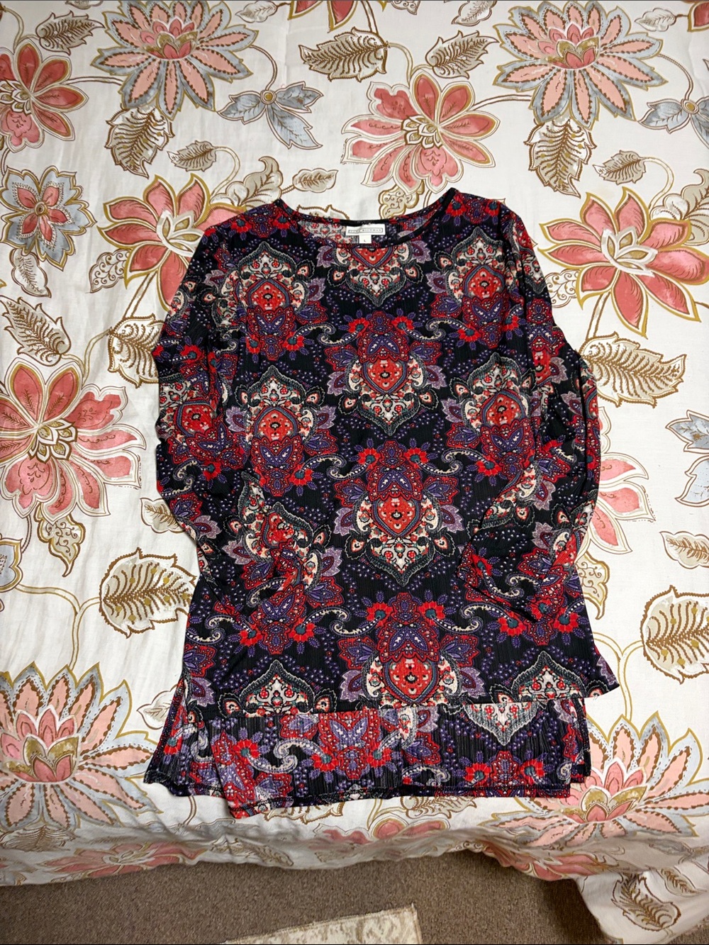 Women's Patterned Long Sleeve Top - Navy with Red Floral Medallion size L